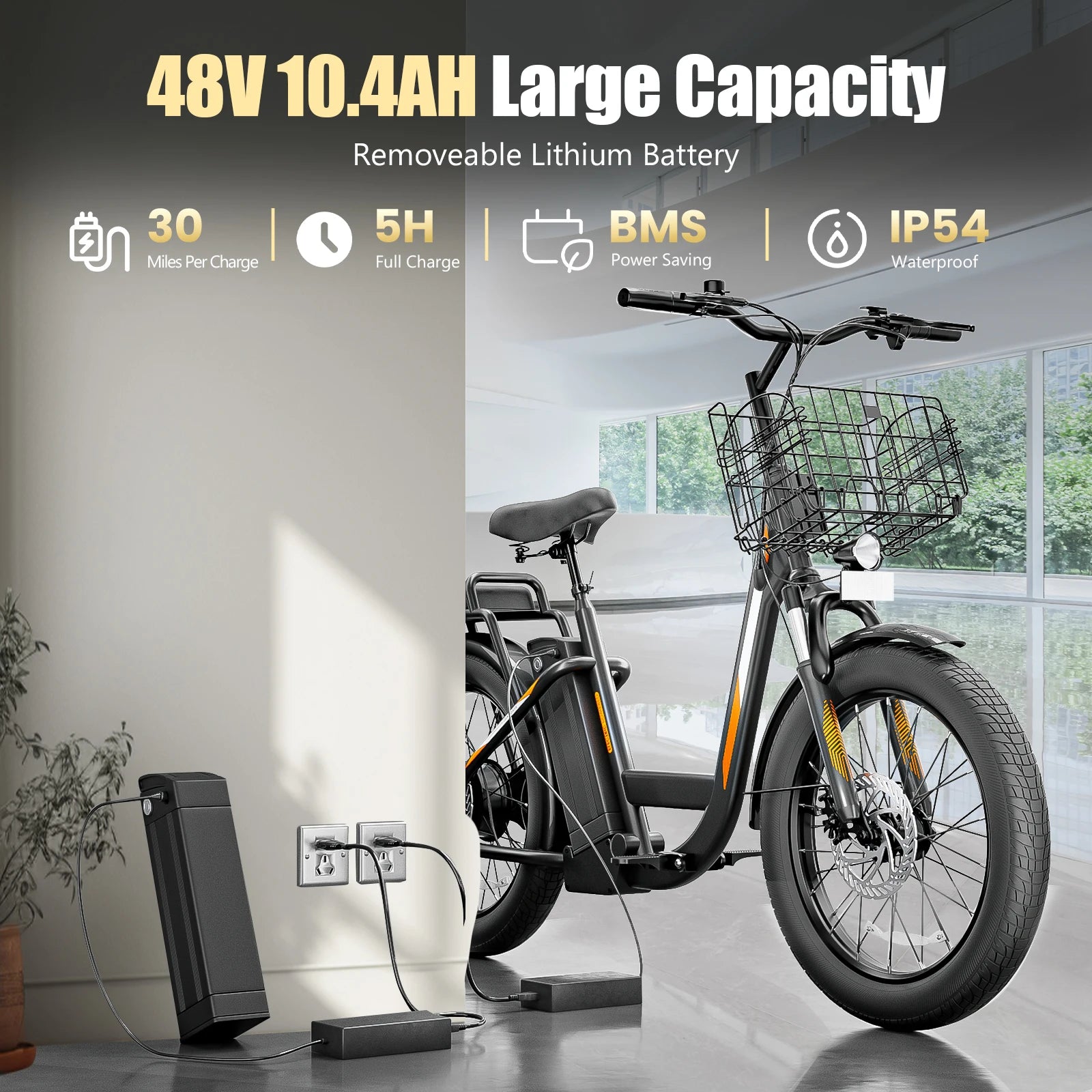 1200W Electric Scooter with Seat, 20" Fat Tire Electric Bike, 48V Battery, 30 Miles & 20MPH, Basket & Adjustable Seat