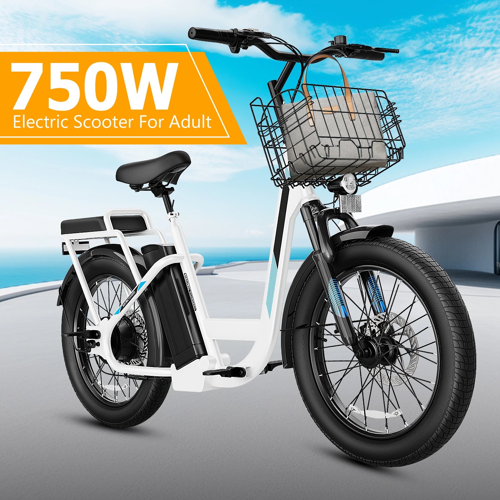 1200W Electric Scooter with Seat, 20" Fat Tire Electric Bike, 48V Battery, 30 Miles & 20MPH, Basket & Adjustable Seat