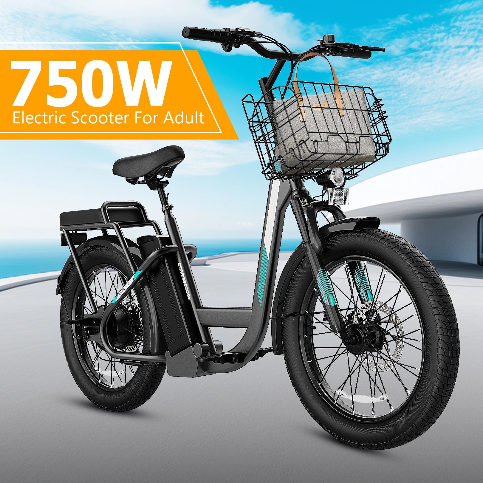 1200W Electric Scooter with Seat, 20" Fat Tire Electric Bike, 48V Battery, 30 Miles & 20MPH, Basket & Adjustable Seat