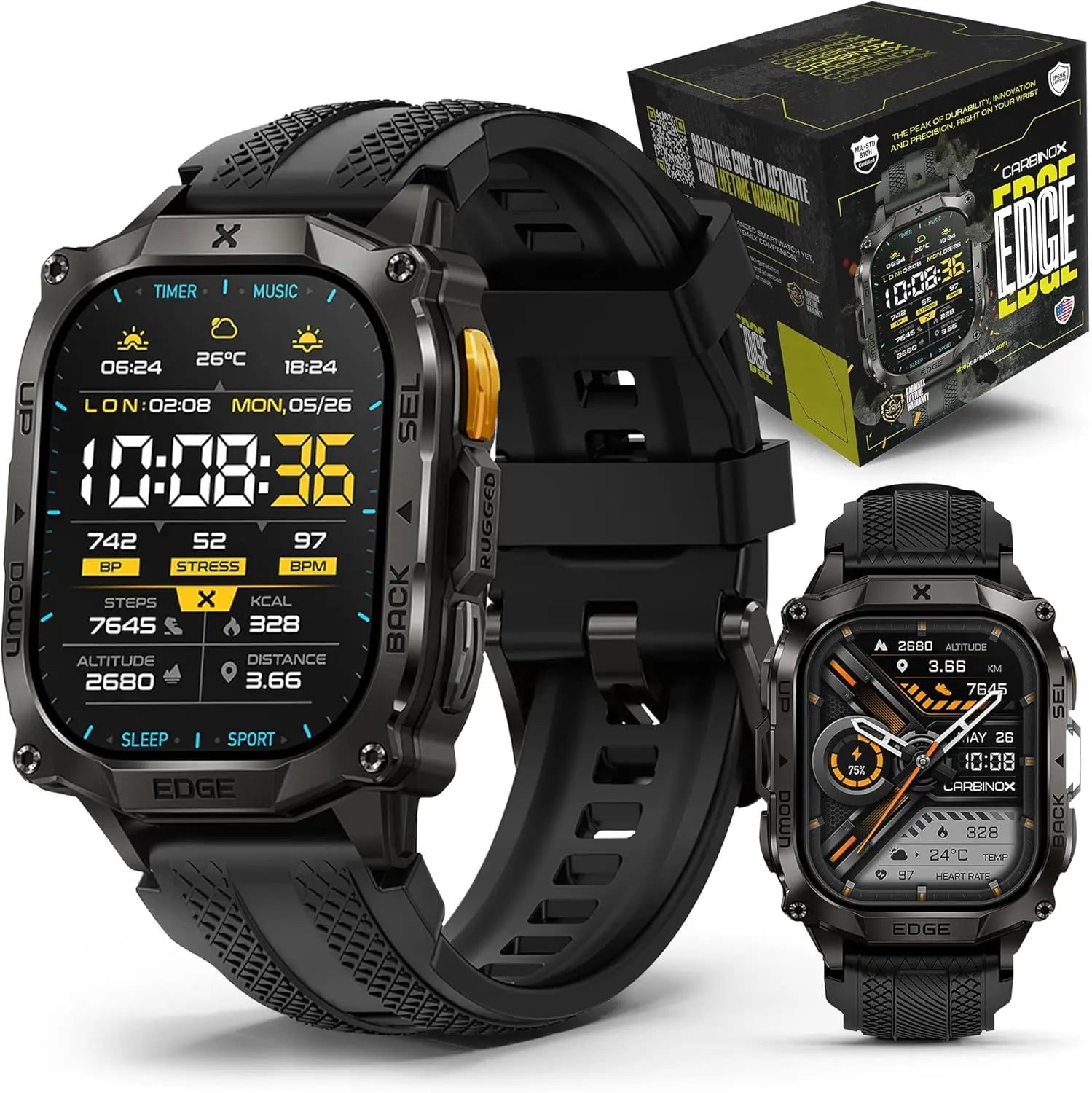 Rugged Smart Watch with 1.96" AMOLED, Stainless Steel, IP69K/5ATM, Dual-Band GNSS, Bluetooth Calls for Android and iOS