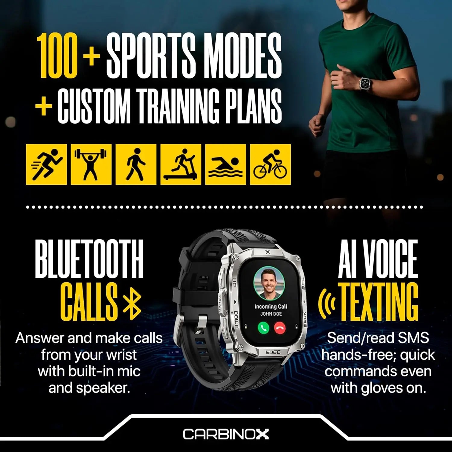 Rugged Smart Watch with 1.96" AMOLED, Stainless Steel, IP69K/5ATM, Dual-Band GNSS, Bluetooth Calls for Android and iOS