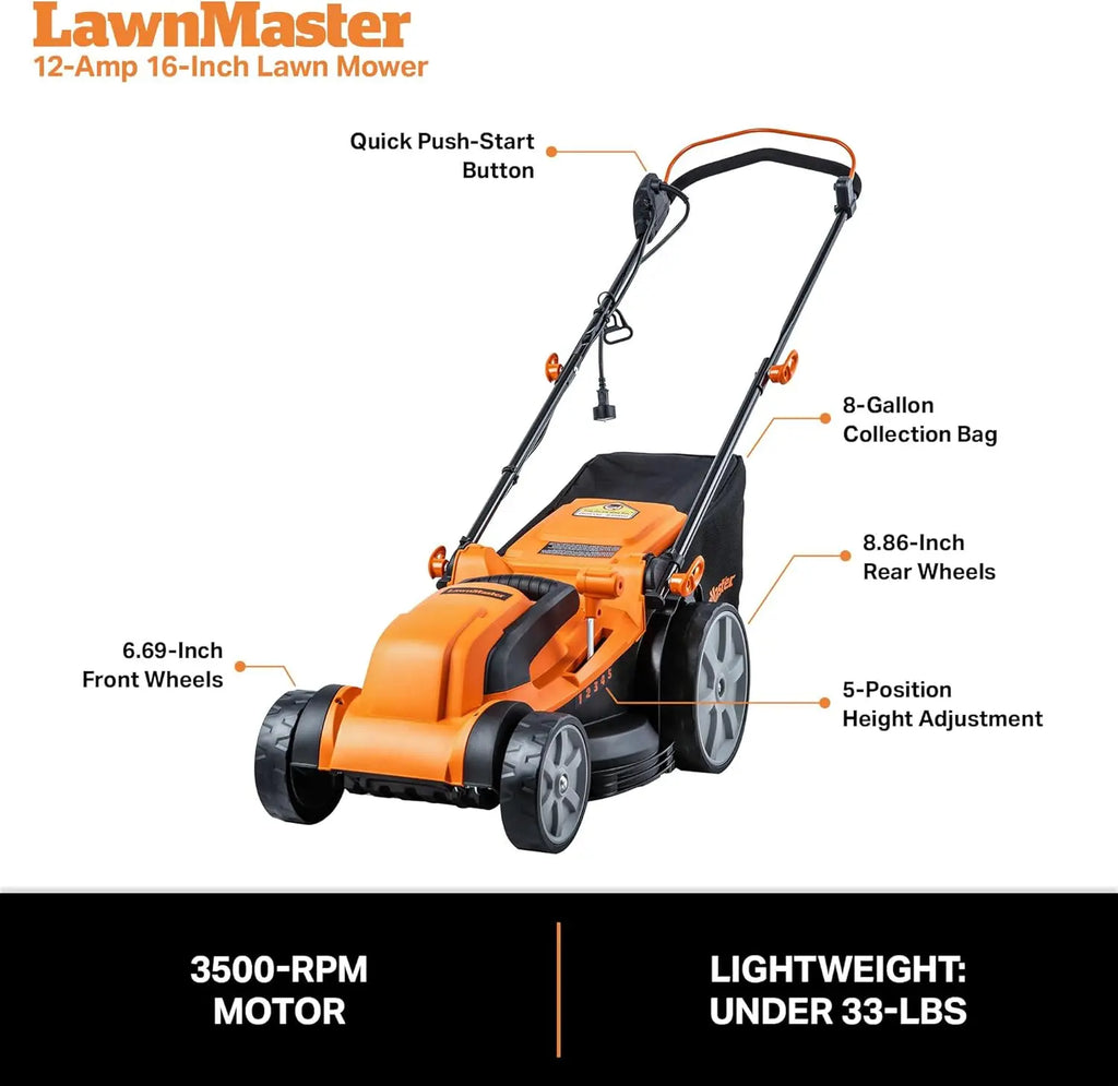 Electric Lawn Mower 16-Inch 12AMP, Powerful 3500 RPM, Lightweight for Easy Maneuvering