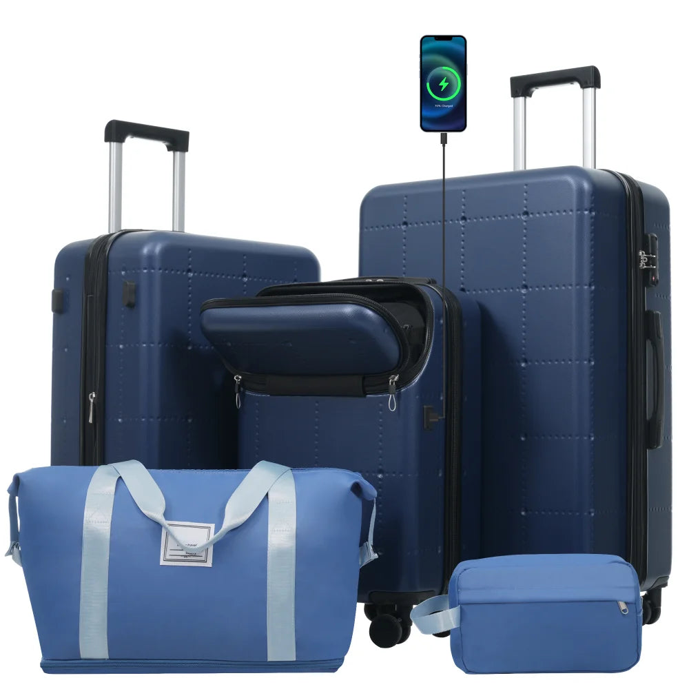 5 in 1 Hardside Luggage Set 20" Carry On with USB Port Half-opening Design Expandable 24/28" Double Spinner Wheels TSA Lock