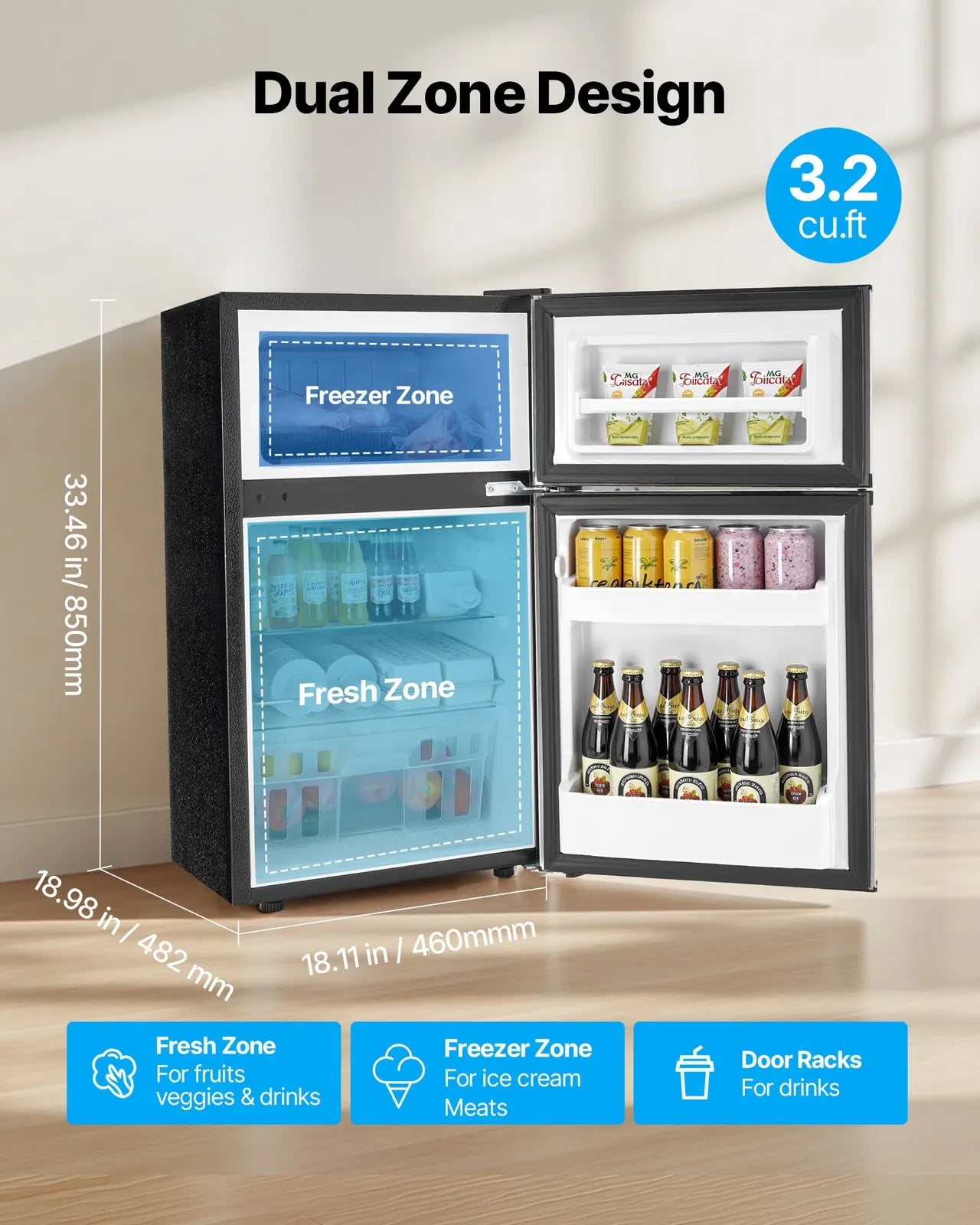 Mini Fridge with Freezer 3.2 Cu.Ft Two Door Compact Refrigerator Stainless