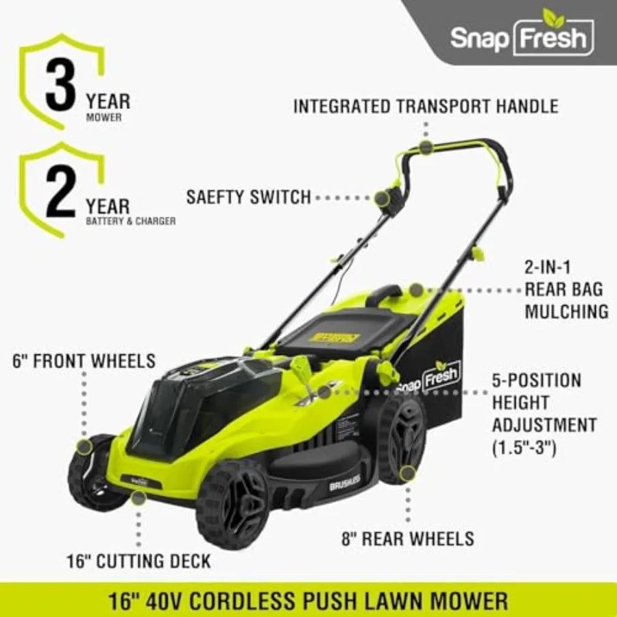 Cordless Electric Lawn Mower 40V 16 Brushless Push Mower with 2 x 4.0Ah Batteries and Fast Charger - Battery Powered Lawn Mower