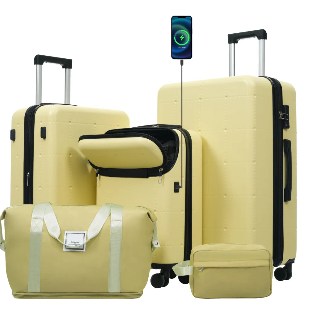 5 in 1 Hardside Luggage Set 20" Carry On with USB Port Half-opening Design Expandable 24/28" Double Spinner Wheels TSA Lock