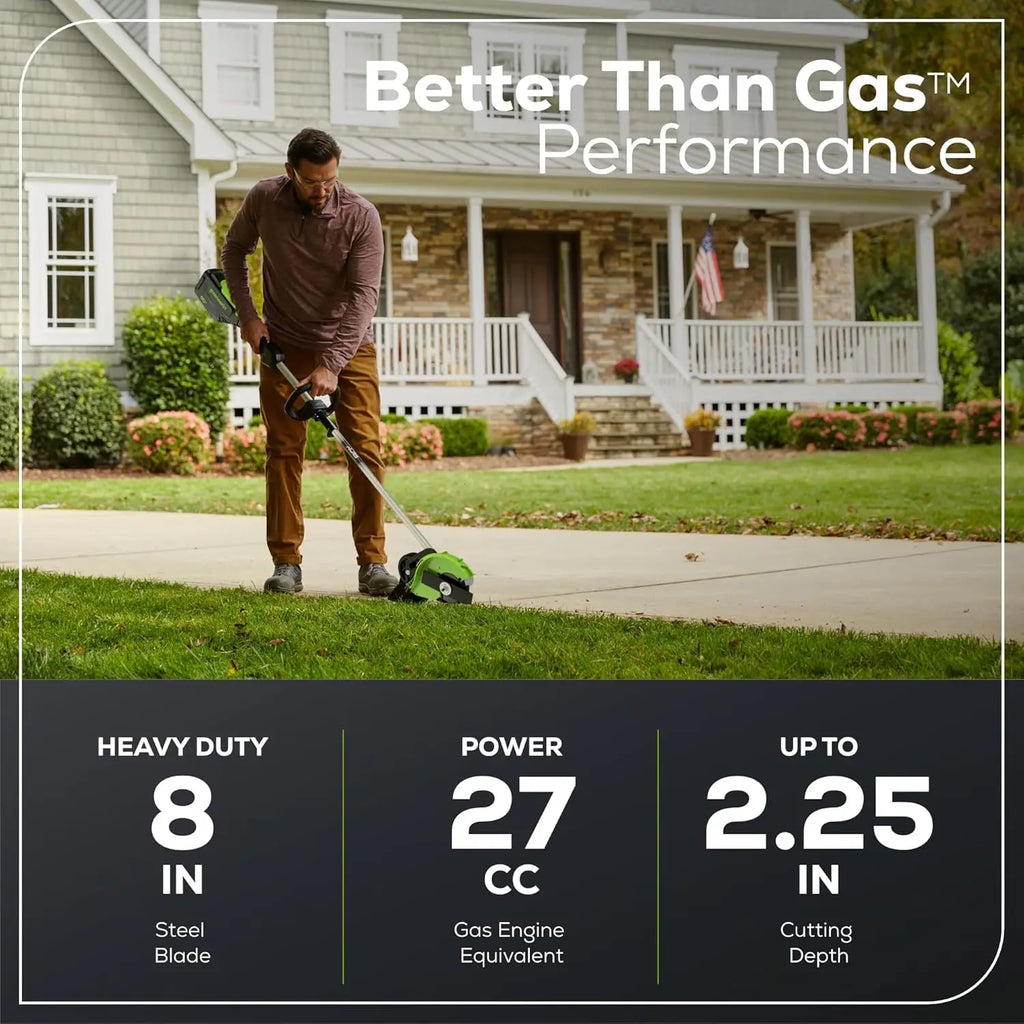 80V Cordless Brushless Edger, 8" Steel Blade, Tool-Free Depth Adjust, Gas Equivalent Power