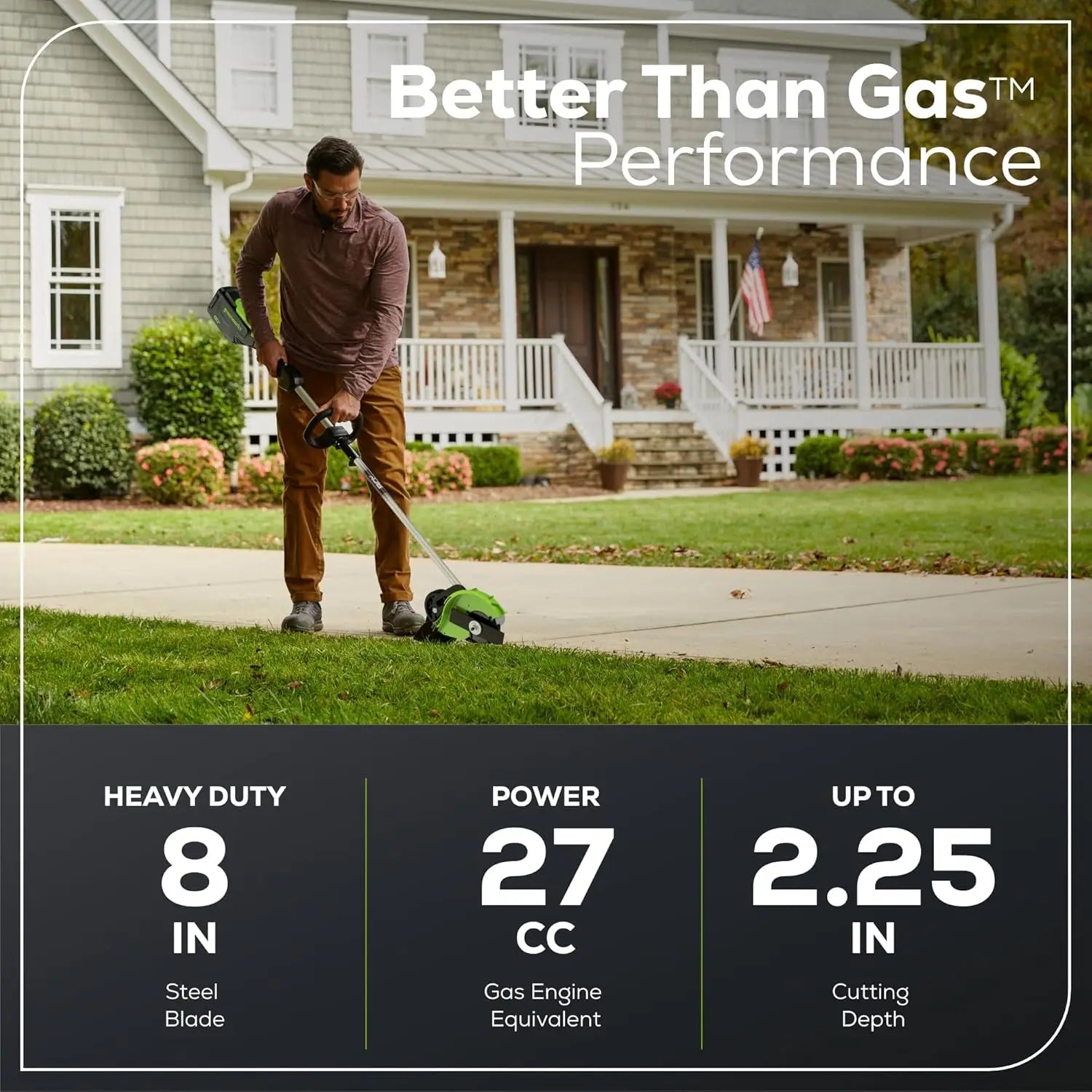 80V Cordless Brushless Edger, 8" Steel Blade, Tool-Free Depth Adjust, Gas Equivalent Power