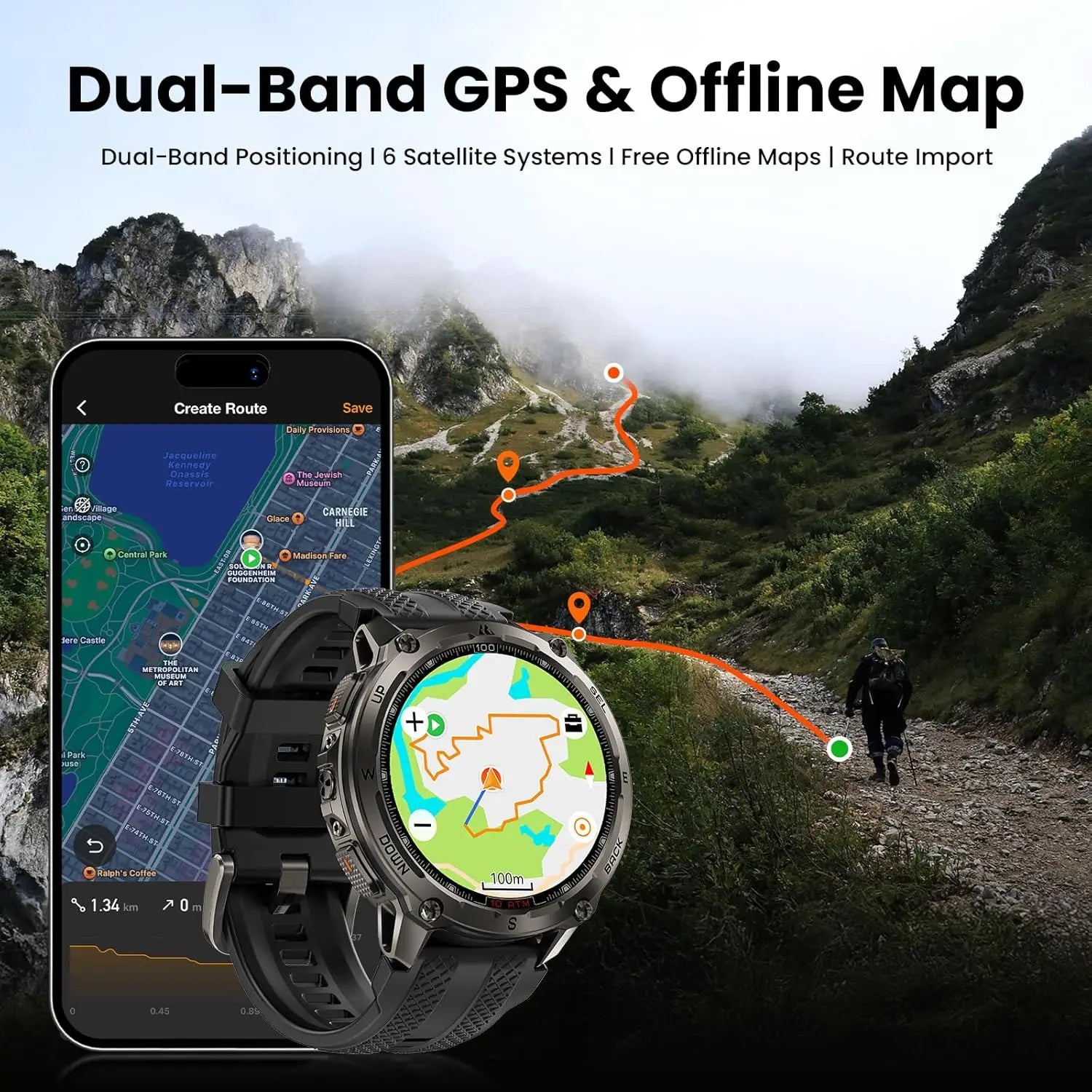 Men's Smart Watch with GPS, Waterproof 100M, 50-Day Battery, Bluetooth Calls, Heart Rate Monitor
