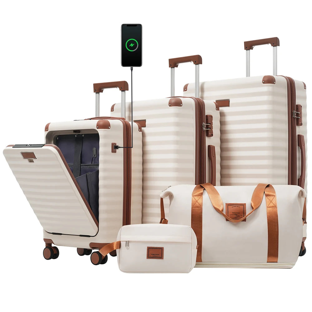 Luggage Set 5pcs Hardside Expandable Carry on Suitcase with Spinner Wheels TSA Lock USB Port  Cup Holder Duffel Bag Toiletry Bag