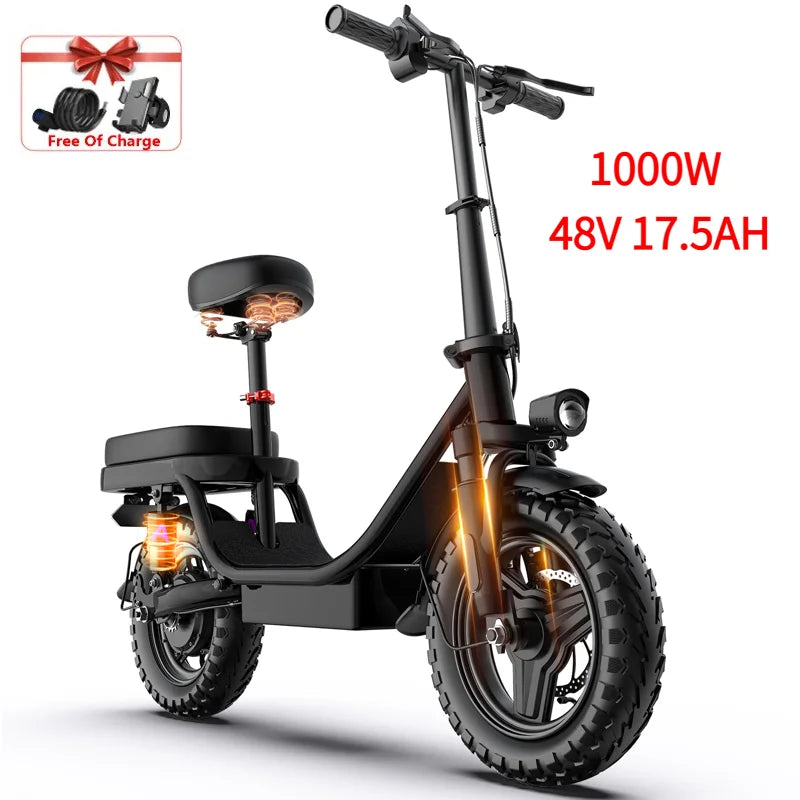 Electric Scooter Adult 14 26 Inch 1000w 30-60miles 48v 10a 15a 17.5a Removable Battery,adjustable Front Brake Seat Electric Bike