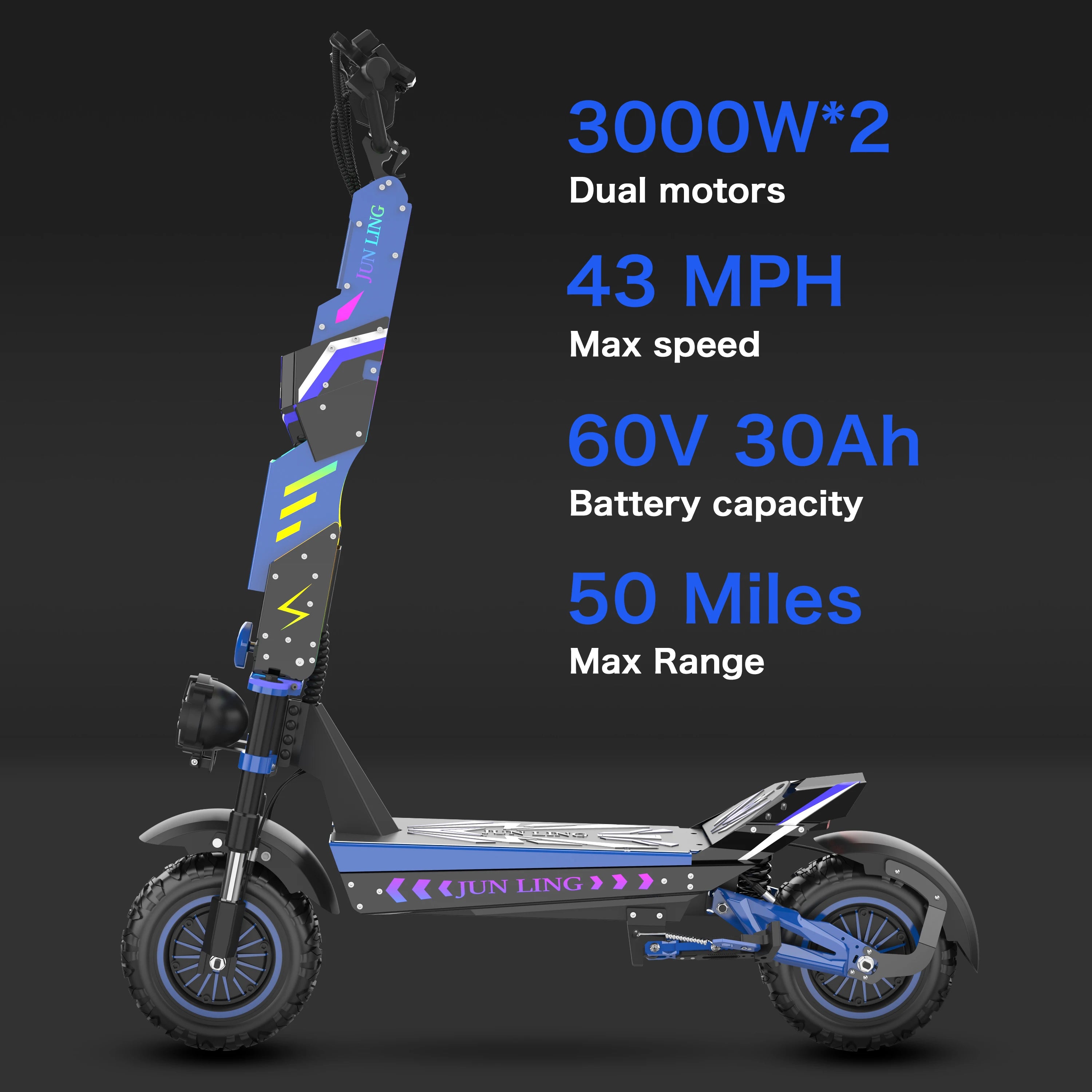 JL80 Electric Offroad Scooter -40 MPH 6000W Dual Motor for Adults 60V30Ah Battery 50Miles 12''All-Terrain Off-Road Tire Escooter