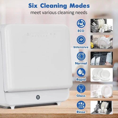 120V/900W Portable Dishwasher Compact Dishwasher Countertop with Faucet & Manual Water Tank (5L) Modes Water Inlet,6 Programs