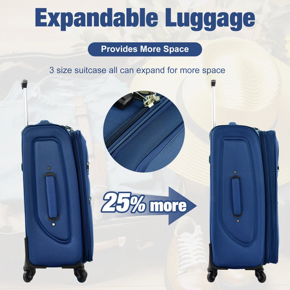 3Pcs Softside Expandable Travel Luggage Set 22/26/30 Inch with Duffel Bag Upright Spinner Wheels Lightweight Softshell
