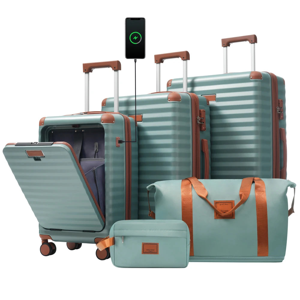 Luggage Set 5pcs Hardside Expandable Carry on Suitcase with Spinner Wheels TSA Lock USB Port  Cup Holder Duffel Bag Toiletry Bag