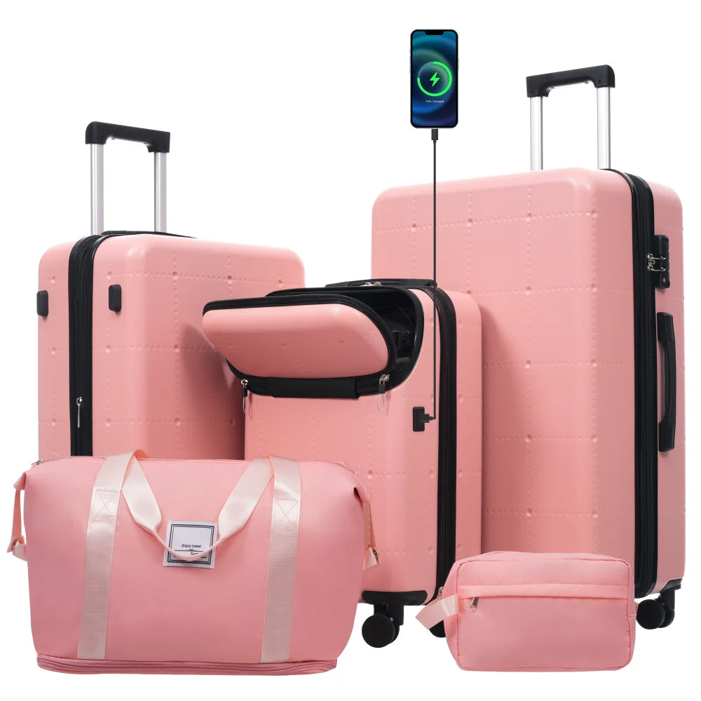 5 in 1 Hardside Luggage Set 20" Carry On with USB Port Half-opening Design Expandable 24/28" Double Spinner Wheels TSA Lock