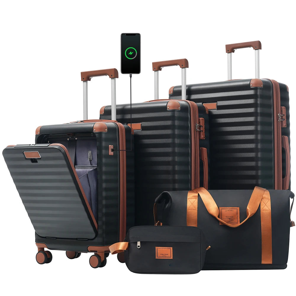 Luggage Set 5pcs Hardside Expandable Carry on Suitcase with Spinner Wheels TSA Lock USB Port  Cup Holder Duffel Bag Toiletry Bag