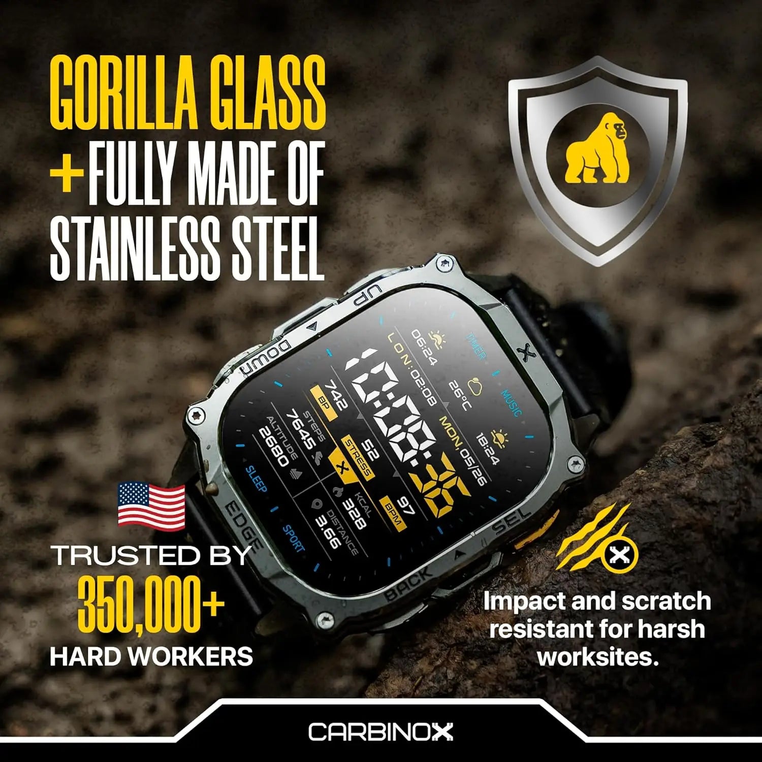 Rugged Smart Watch with 1.96" AMOLED, Stainless Steel, IP69K/5ATM, Dual-Band GNSS, Bluetooth Calls for Android and iOS