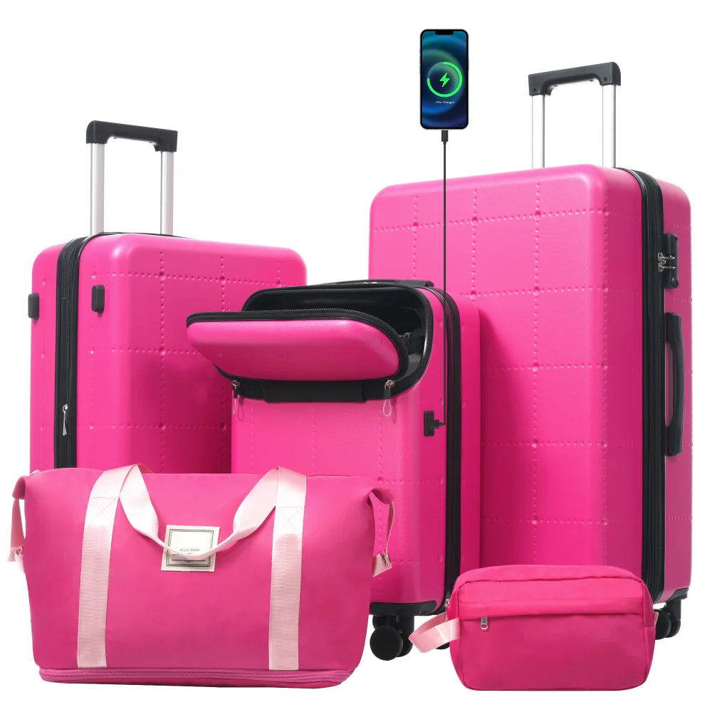 5 in 1 Hardside Luggage Set 20" Carry On with USB Port Half-opening Design Expandable 24/28" Double Spinner Wheels TSA Lock