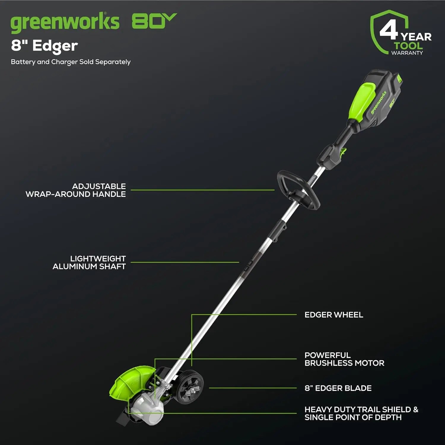80V Cordless Brushless Edger, 8" Steel Blade, Tool-Free Depth Adjust, Gas Equivalent Power