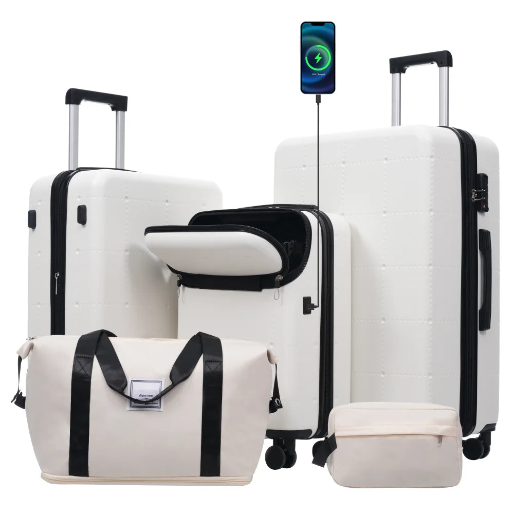 5 in 1 Hardside Luggage Set 20" Carry On with USB Port Half-opening Design Expandable 24/28" Double Spinner Wheels TSA Lock