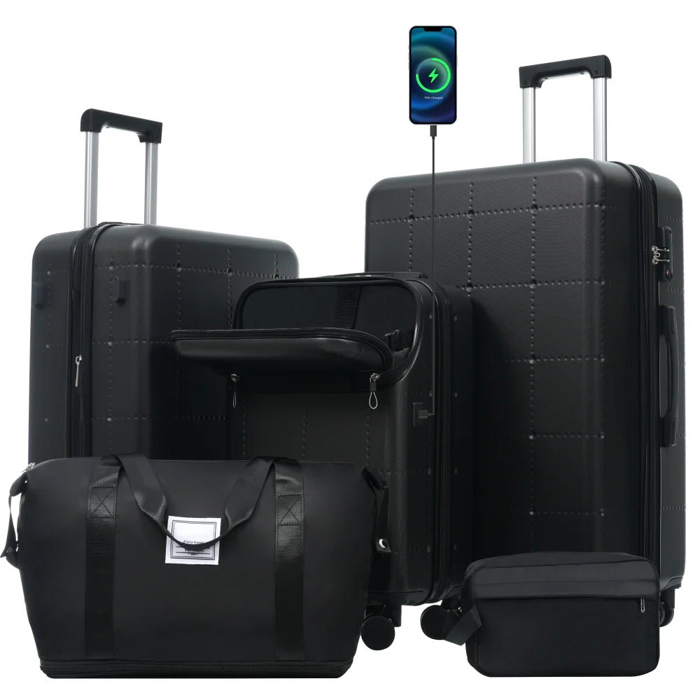 5 in 1 Hardside Luggage Set 20" Carry On with USB Port Half-opening Design Expandable 24/28" Double Spinner Wheels TSA Lock
