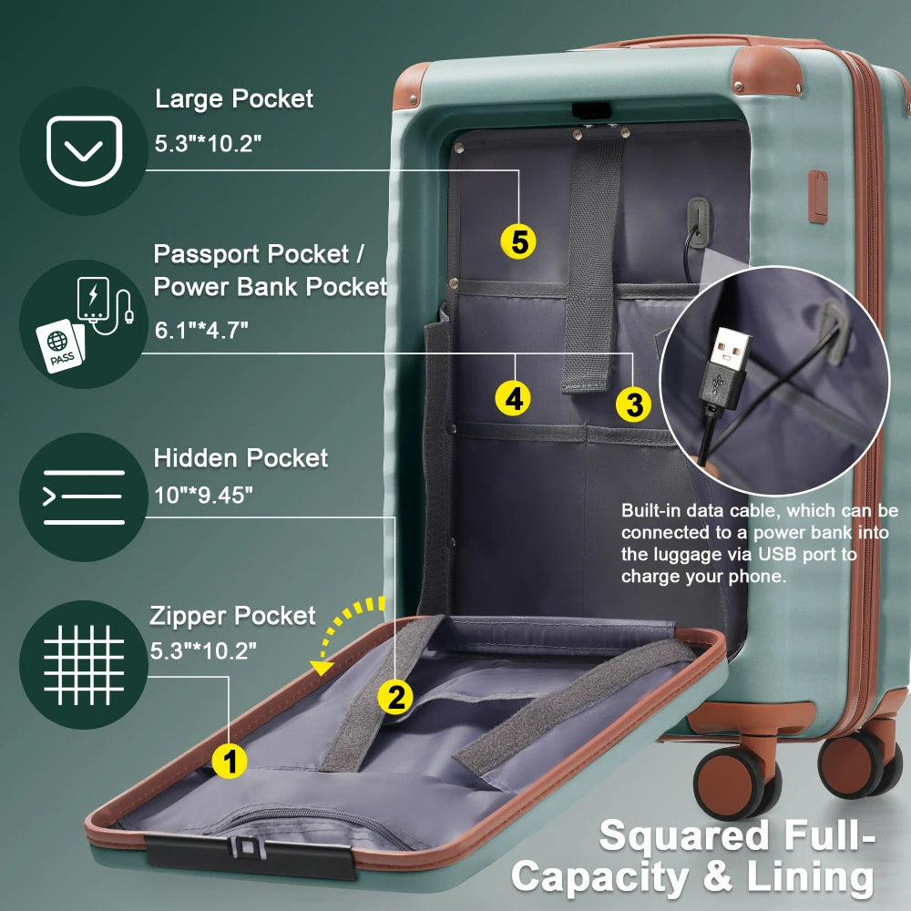 Luggage Set 5pcs Hardside Expandable Carry on Suitcase with Spinner Wheels TSA Lock USB Port  Cup Holder Duffel Bag Toiletry Bag