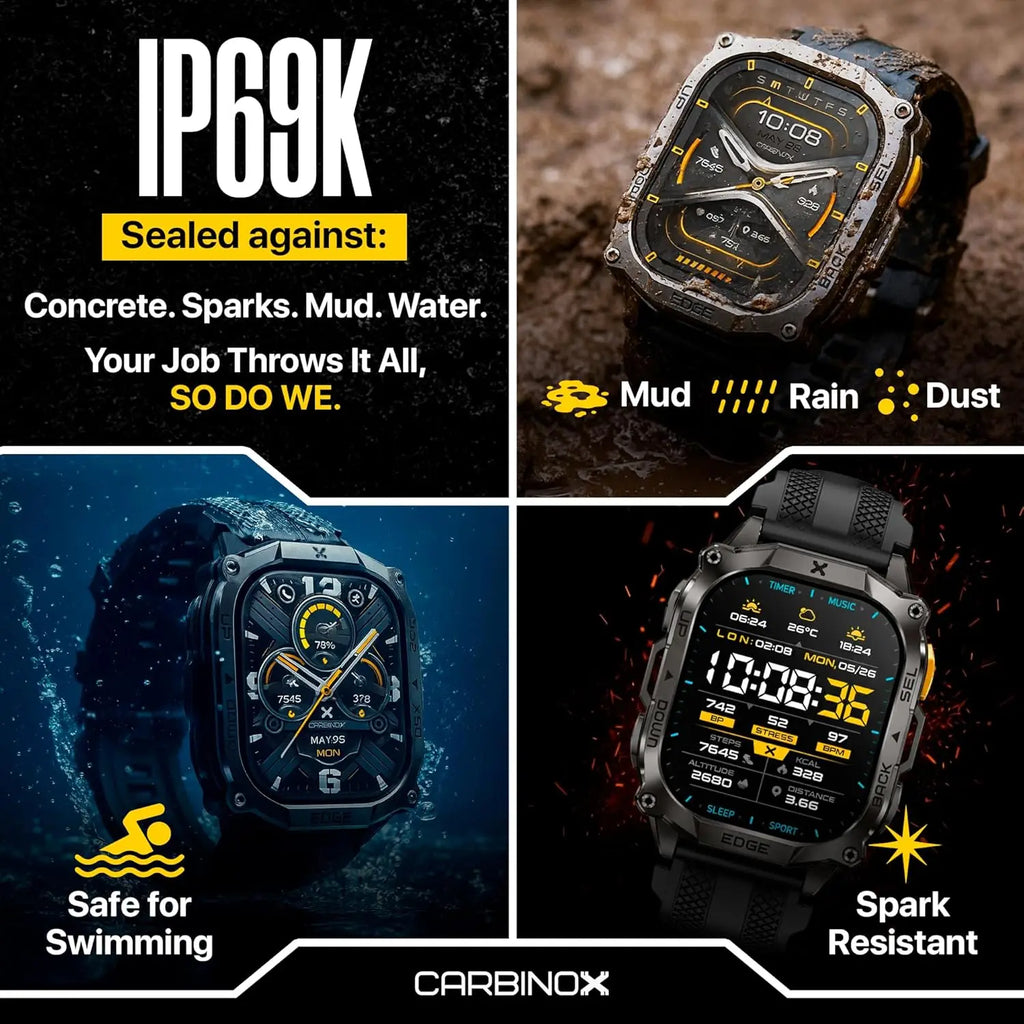 Rugged Smart Watch with 1.96" AMOLED, Stainless Steel, IP69K/5ATM, Dual-Band GNSS, Bluetooth Calls for Android and iOS